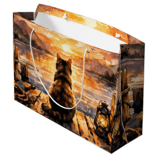 Cat on Dock at Sunset Large Gift Bag