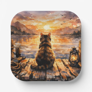 Cat on Dock at Sunset Paper Plates