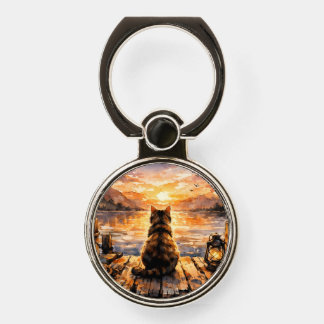 Cat on Dock at Sunset Phone Ring Stand