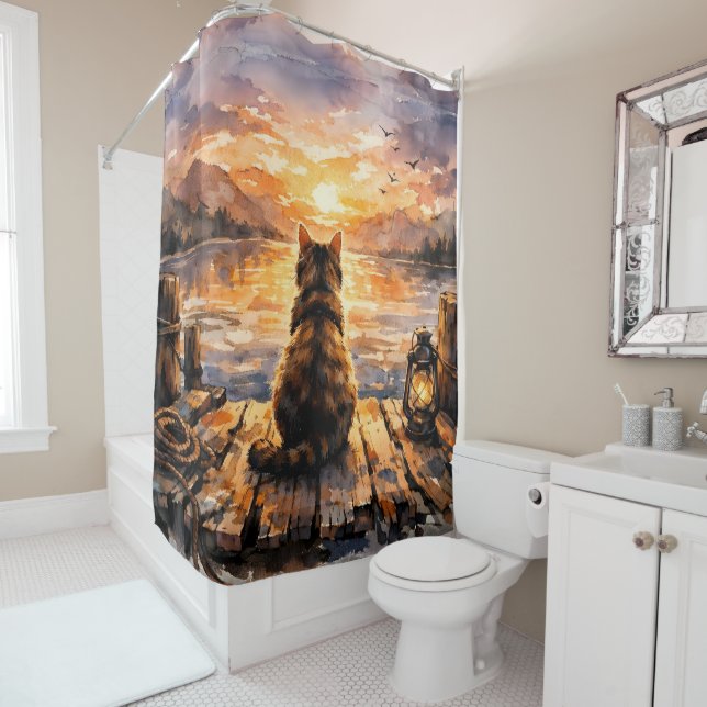 Cat on Dock at Sunset Shower Curtain (In Situ)
