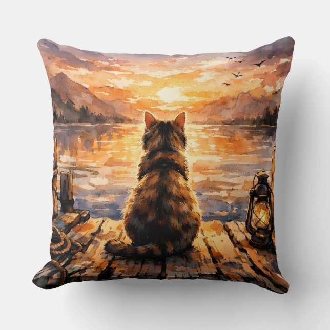 Cat on Dock at Sunset Throw Pillow (Front)
