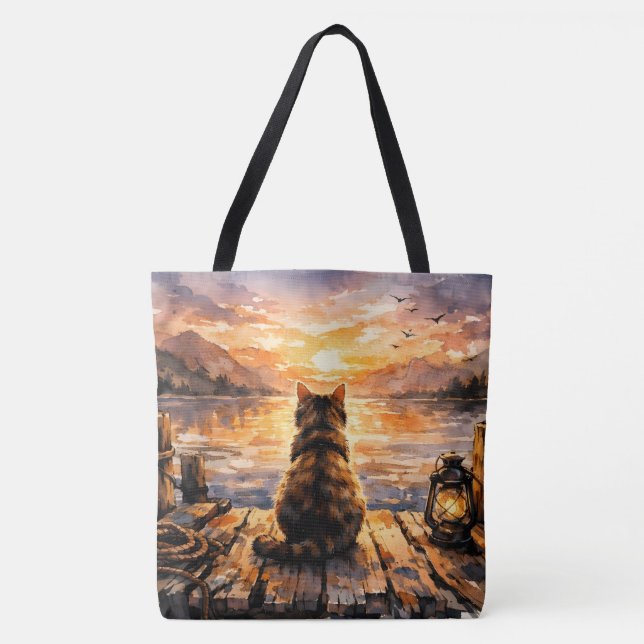 Cat on Dock at Sunset Tote Bag (Front)