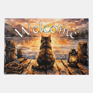 Cat on Dock at Sunset Welcome Doormat