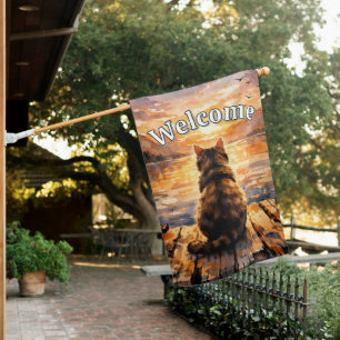 Cat on Dock at Sunset Welcome House Flag