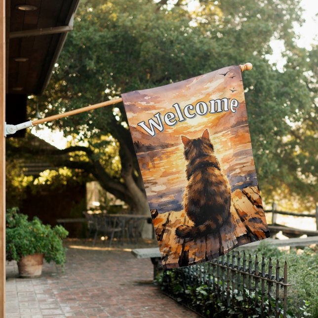Cat on Dock at Sunset Welcome House Flag (In SItu)