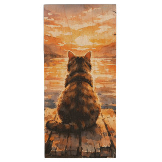 Cat on Dock at Sunset Wood Flash Drive