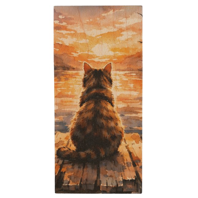 Cat on Dock at Sunset Wood Flash Drive (Front Vertical)
