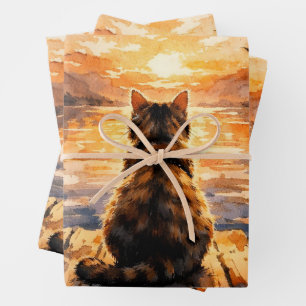 Cat on Dock at Sunset Wrapping Paper Sheets