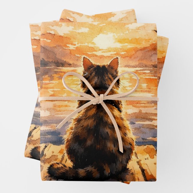 Cat on Dock at Sunset Wrapping Paper Sheets (In situ)