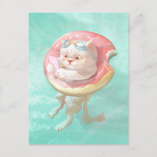 Cat on Donut Pool Float Announcement Postcard