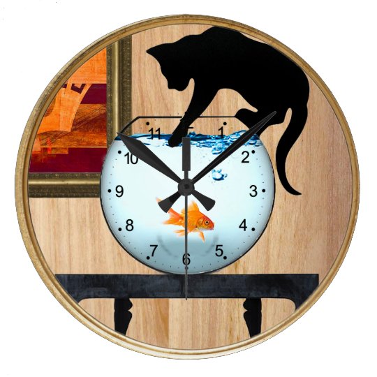 cat on fishbowl wall clock