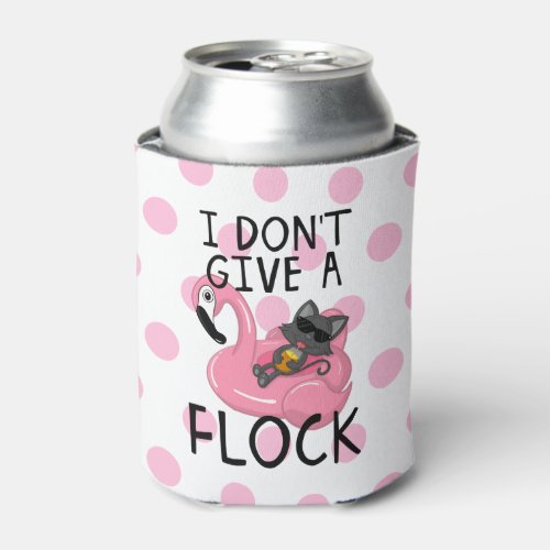 Cat on Flamingo with Pineapple and Pink Polka Dots Can Cooler