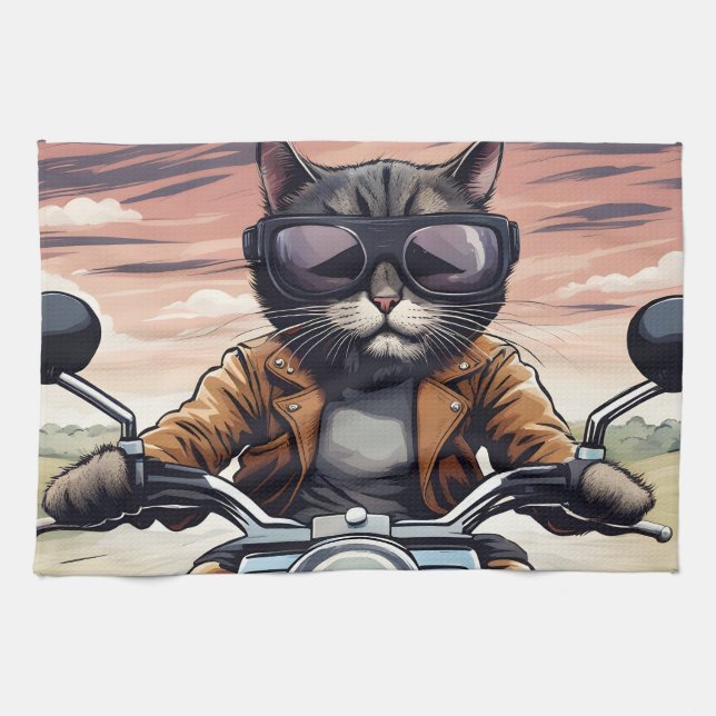 Cat on motorbike kitchen towel (Horizontal)
