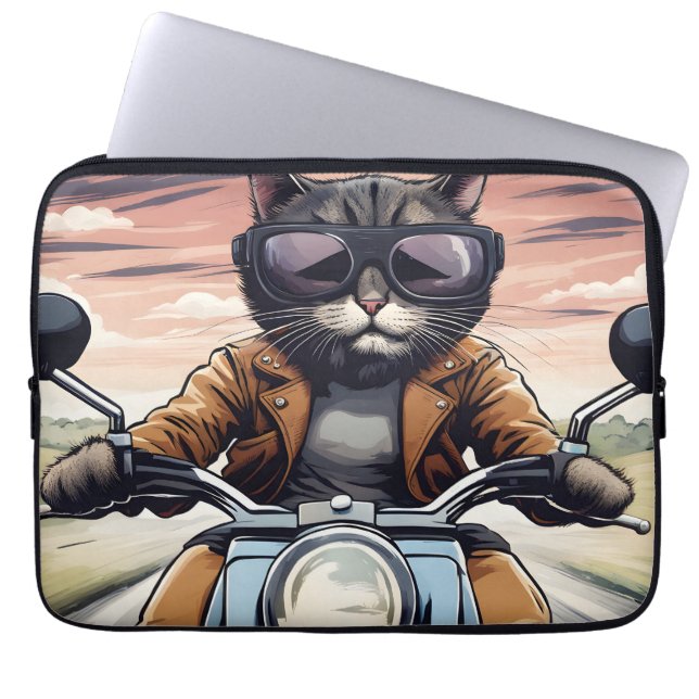 Cat on motorbike laptop sleeve (Front)