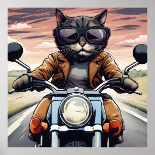 Cat on motorbike poster
