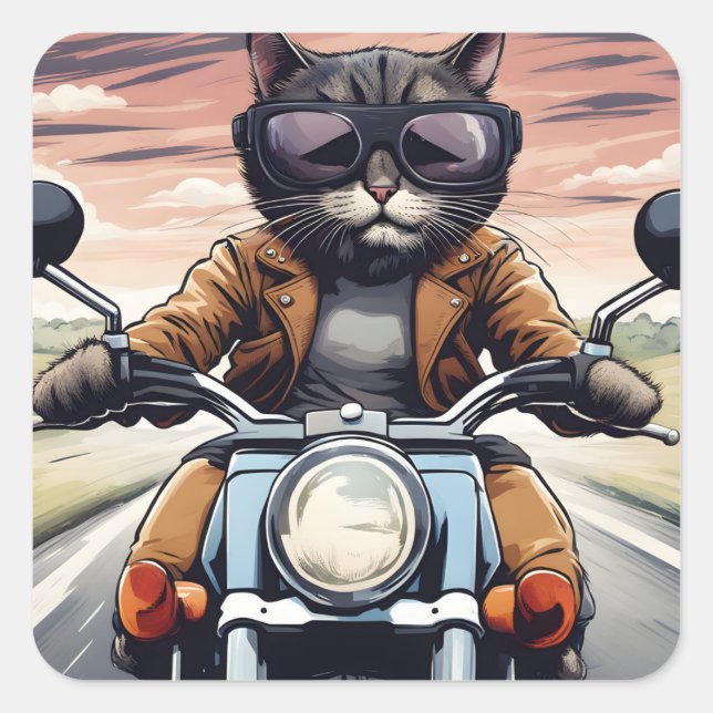 Cat on motorbike square sticker (Front)