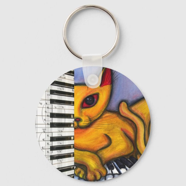 Cat on Piano Keyboard Keychain (Front)