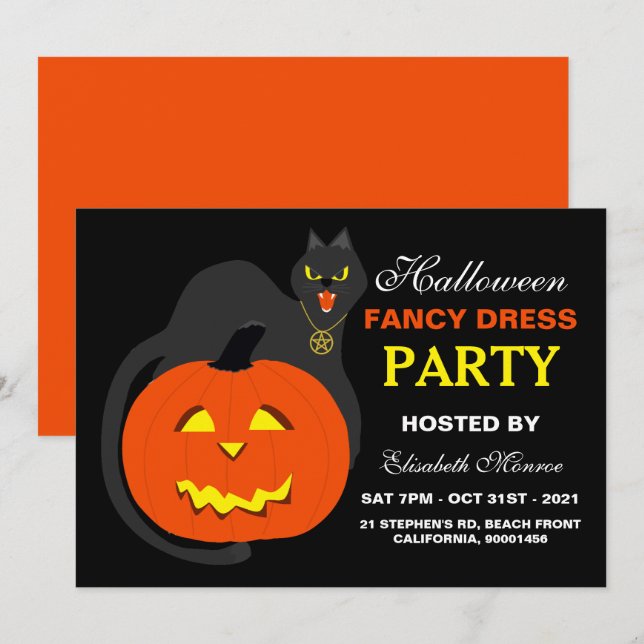 Cat on Pumpkin Halloween Fancy Dress Party Invitation (Front/Back)