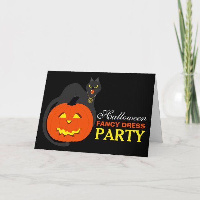Cat on Pumpkin Halloween Fancy Dress Party Invite (Front)