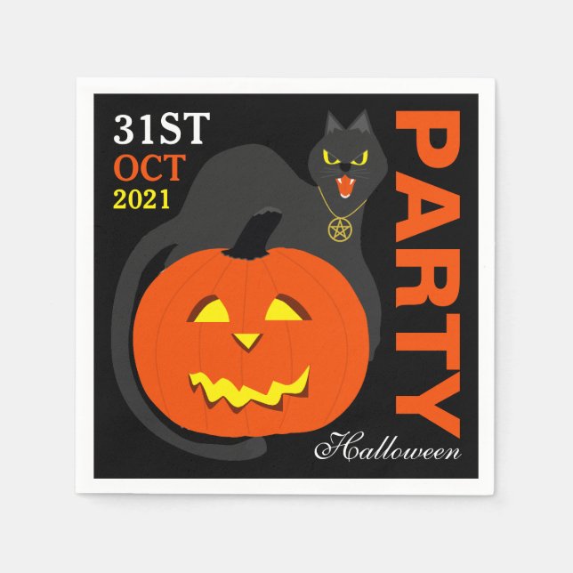Cat on Pumpkin, Halloween Party Napkins (Front)