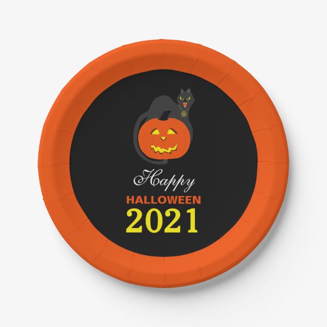 Cat on Pumpkin, Happy Halloween Paper Plates (Front)