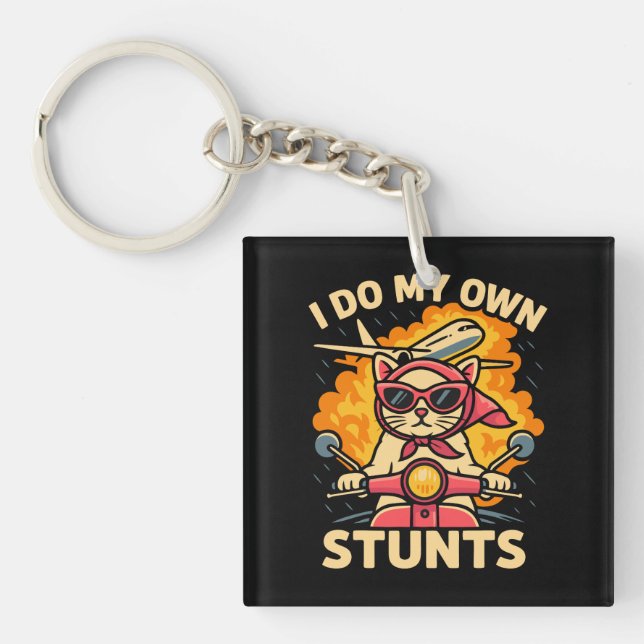 Cat On Scooter I Do My Own Stunts Keychain (Front)