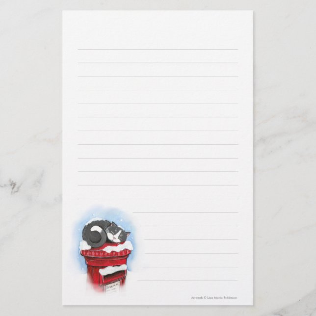 Cat on Snowy English Post Box - Lined Stationery (Front)