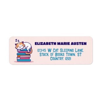 Cat On Stack Of Books Cute Literary Return Address Label by BookParadise at Zazzle