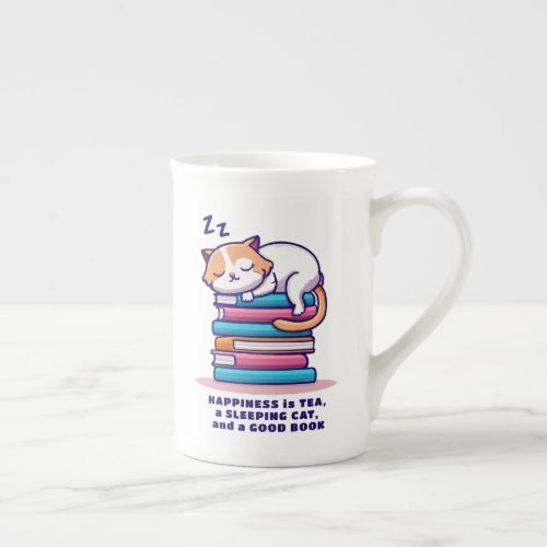 Cat on Stack of Books Cute Personalized Reader Tea Bone China Mug