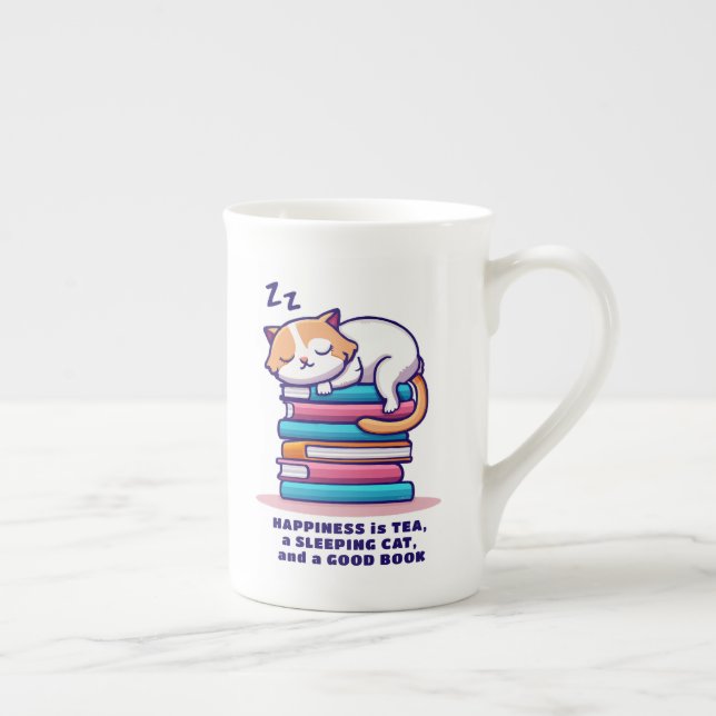 Cat on Stack of Books Cute Personalized Reader Tea Bone China Mug (Right)