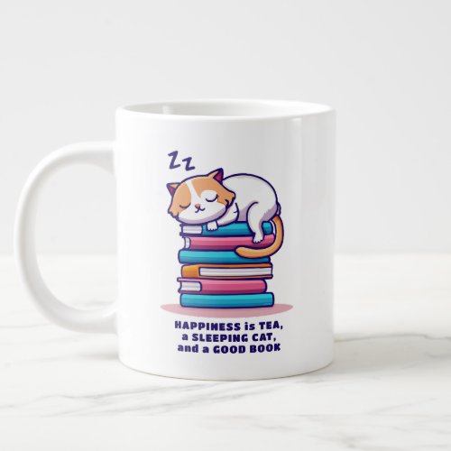 Cat on Stack of Books Cute Personalized Reader Tea Giant Coffee Mug