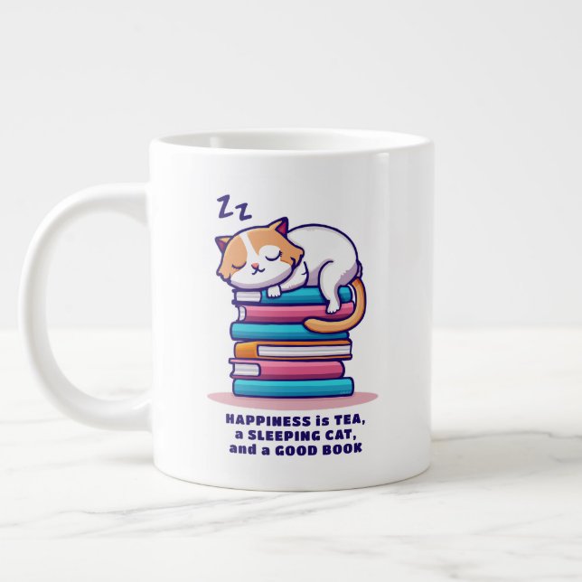 Cat on Stack of Books Cute Personalized Reader Tea Giant Coffee Mug (Left)