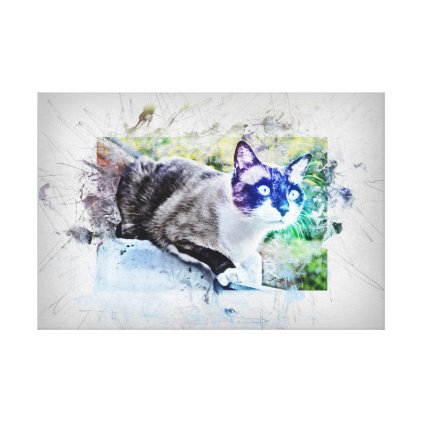 Cat on stone. Work of art, water color, Grunge Canvas Print