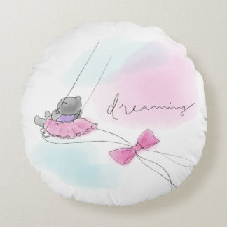 Cat on Swing Pastel Watercolor Round Pillow