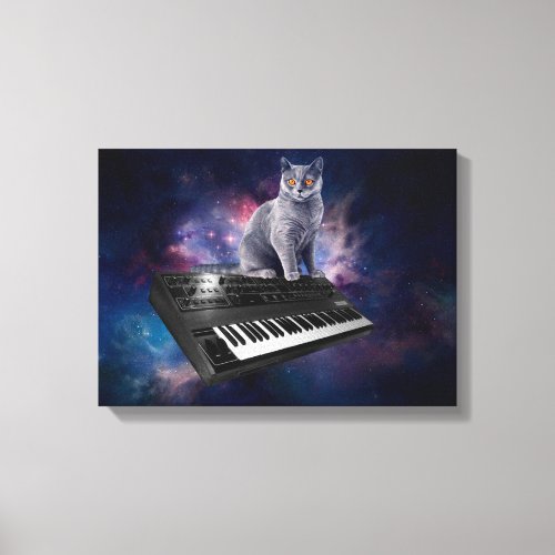 Cat on synthesizer in space canvas print