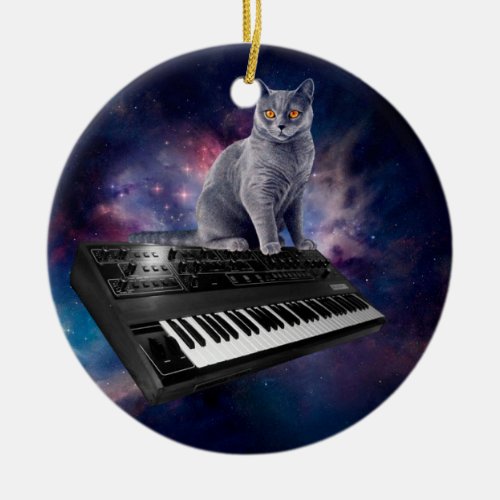 Cat on synthesizer in space ceramic ornament
