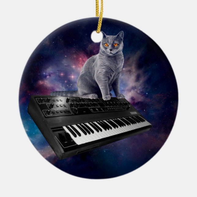 Cat on synthesizer in space ceramic ornament (Front)