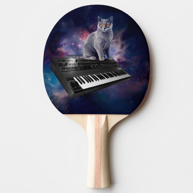 Cat on synthesizer in space ping pong paddle (Front)