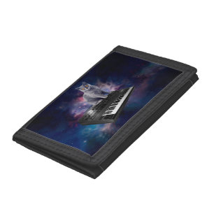 Cat on synthesizer in space trifold wallet