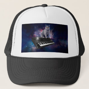 Cat on synthesizer in space trucker hat