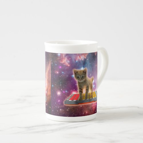 Cat on synthesizers in space bone china mug