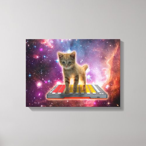 Cat on synthesizers in space canvas print