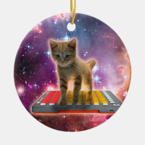 Cat on synthesizers in space ceramic ornament
