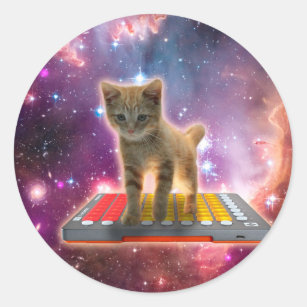 Cat on synthesizers in space classic round sticker