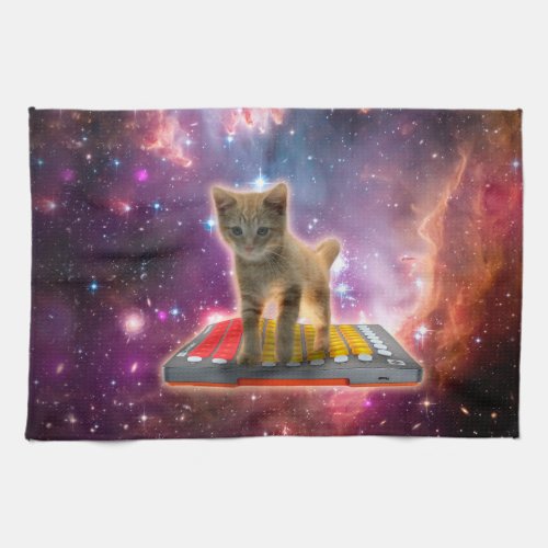 Cat on synthesizers in space kitchen towel