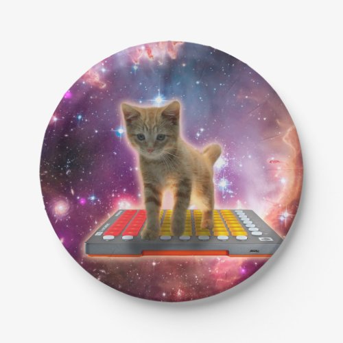 Cat on synthesizers in space paper plates