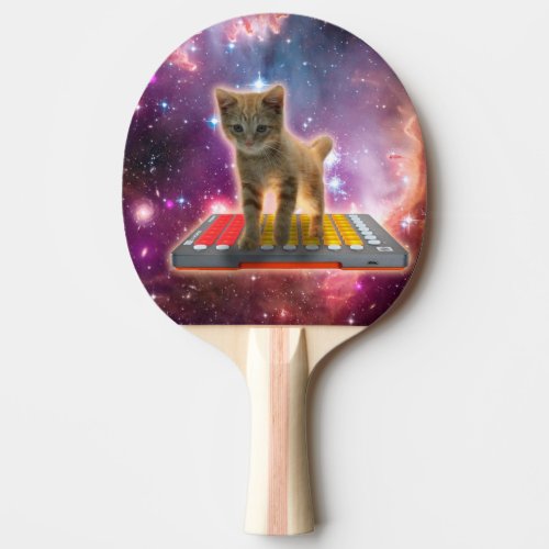 Cat on synthesizers in space ping pong paddle