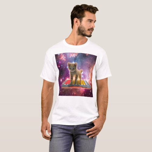 Cat on synthesizers in space T_Shirt