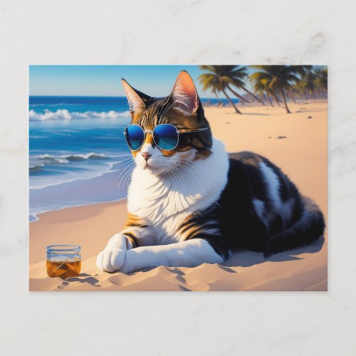 Cat on the beach with a glass of whiskey postcard