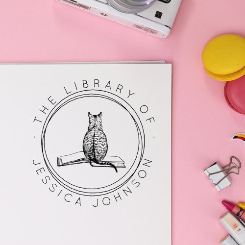 Cat on the Book Funny Cute Rustic Library  Self_inking Stamp